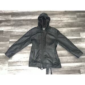 Vintage 80s Wilsons Leather Jacket Womens Sz L Hooded Belted Quilted Liner NICE!